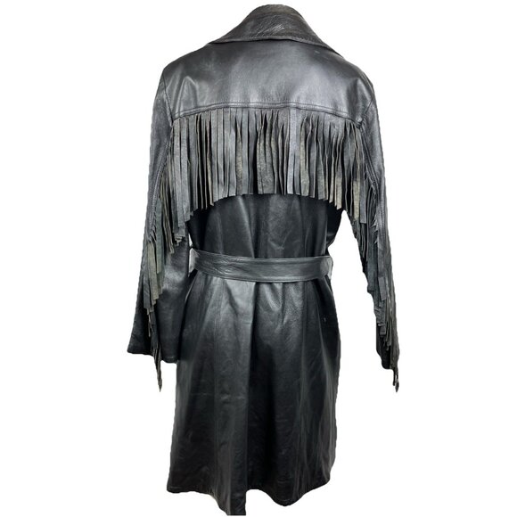 CHIC Claude Montana Leather Trench Coat With Fringe Black Vintage 90s - Picture 2 of 6